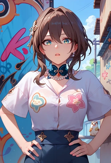 star rail,ruan mei,oversized graffiti shirt,dolphin shorts  - AI generated anime art